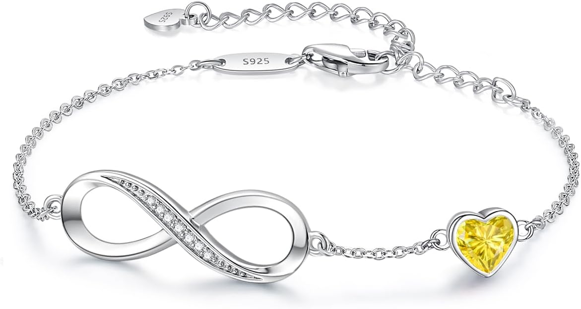 Infinity Heart Birthstone Charm Link Bracelet 925 Sterling Silver Adjustable