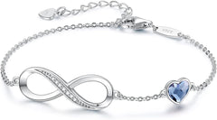 Infinity Heart Birthstone Charm Link Bracelet 925 Sterling Silver Adjustable