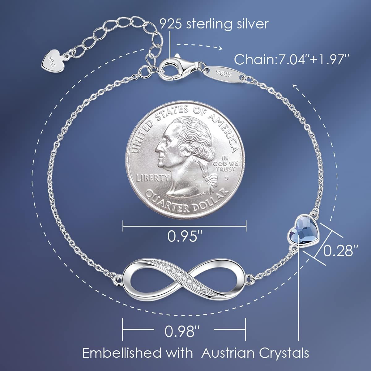 Infinity Heart Birthstone Charm Link Bracelet 925 Sterling Silver Adjustable