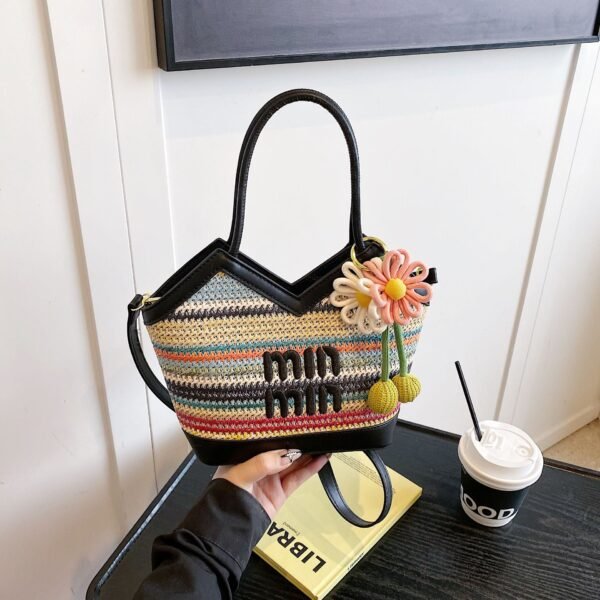 Rainbow Striped Miu Tote Bag Leisure Large Capacity Light Luxury Woven Tide Commuter Seaside Vacation Handbag