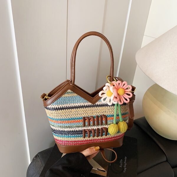 Rainbow Striped Miu Tote Bag Leisure Large Capacity Light Luxury Woven Tide Commuter Seaside Vacation Handbag