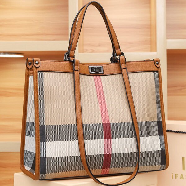 Leather Plaid Portable Tote Bag Women’S 2026 New Summer Fashion Large-Capacity High-End Shoulder Commuter Bag