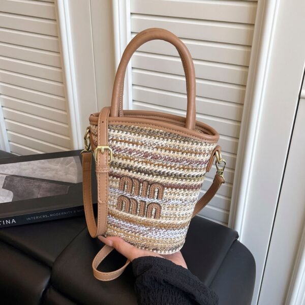 Trend Contrasting Color Bucket Bag Woven Women’S Casual Striped Rainbow Straw Woven Portable Messenger Bag Commuter Handbag