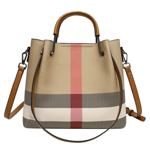Bucket Bag Women’S 2026 New Leather High-End Color Matching Large-Capacity Tote Bag Plaid Portable Shoulder Women’S Bag