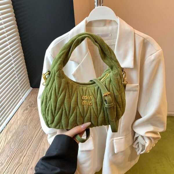 Light Luxury MIU Suede Handbag, High-End Crescent Bag, Niche Pleated One-Shoulder Crossbody Bag, Trendy Dumpling Bag