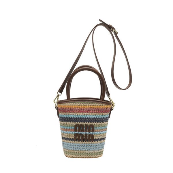 Trend Contrasting Color Bucket Bag Woven Women’S Casual Striped Rainbow Straw Woven Portable Messenger Bag Commuter Handbag