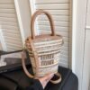 Trend Contrasting Color Bucket Bag Woven Women’S Casual Striped Rainbow Straw Woven Portable Messenger Bag Commuter Handbag