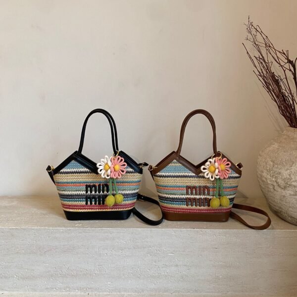 Rainbow Striped Miu Tote Bag Leisure Large Capacity Light Luxury Woven Tide Commuter Seaside Vacation Handbag