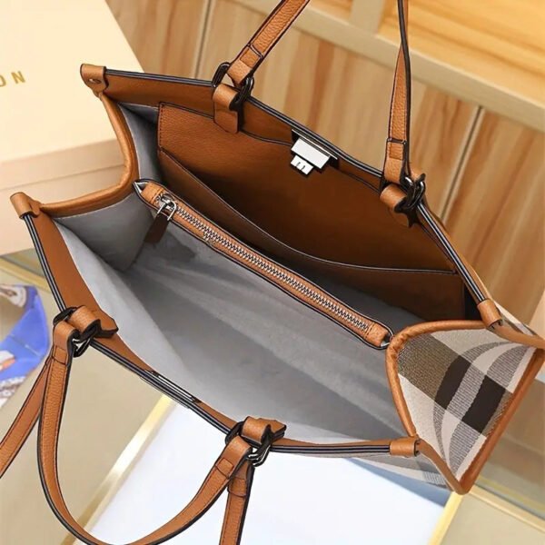 Leather Plaid Portable Tote Bag Women’S 2026 New Summer Fashion Large-Capacity High-End Shoulder Commuter Bag