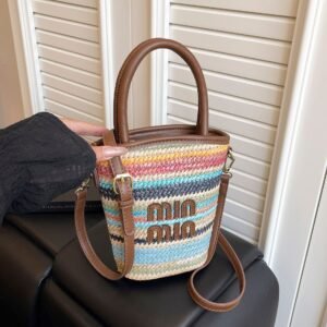 Trend Contrasting Color Bucket Bag Woven Women'S Casual Striped Rainbow Straw Woven Portable Messenger Bag Commuter Handbag