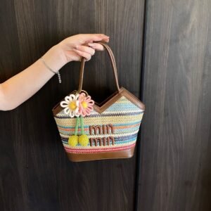 Rainbow Striped Miu Tote Bag Leisure Large Capacity Light Luxury Woven Tide Commuter Seaside Vacation Handbag