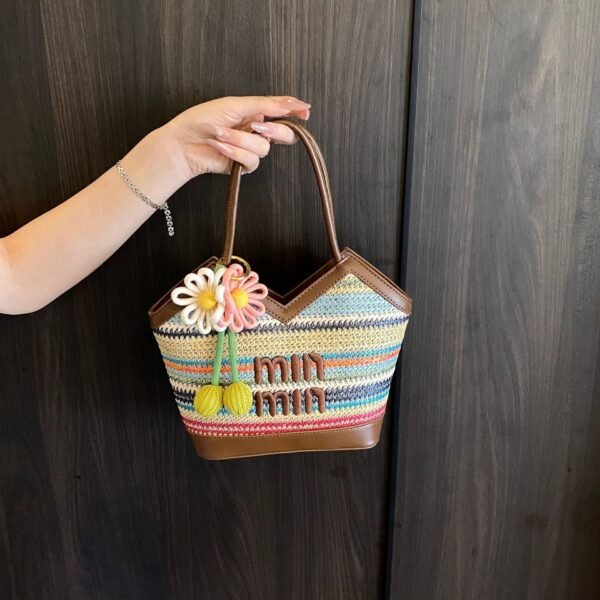Rainbow Striped Miu Tote Bag Leisure Large Capacity Light Luxury Woven Tide Commuter Seaside Vacation Handbag