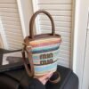 Trend Contrasting Color Bucket Bag Woven Women’S Casual Striped Rainbow Straw Woven Portable Messenger Bag Commuter Handbag