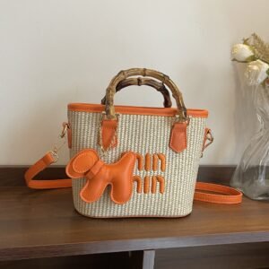 Version Of Niche Versatile Texture Handbag Bag Women'S Bamboo Straw Bucket Bag Spliced New Trendy One-Shoulder Crossbody Bag